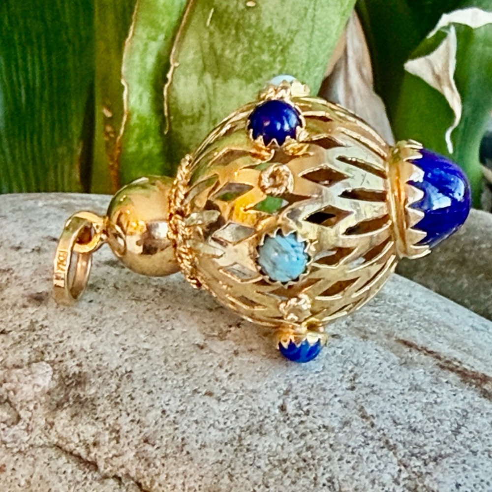 18 karat gold, turquoise, and blue lapis charm